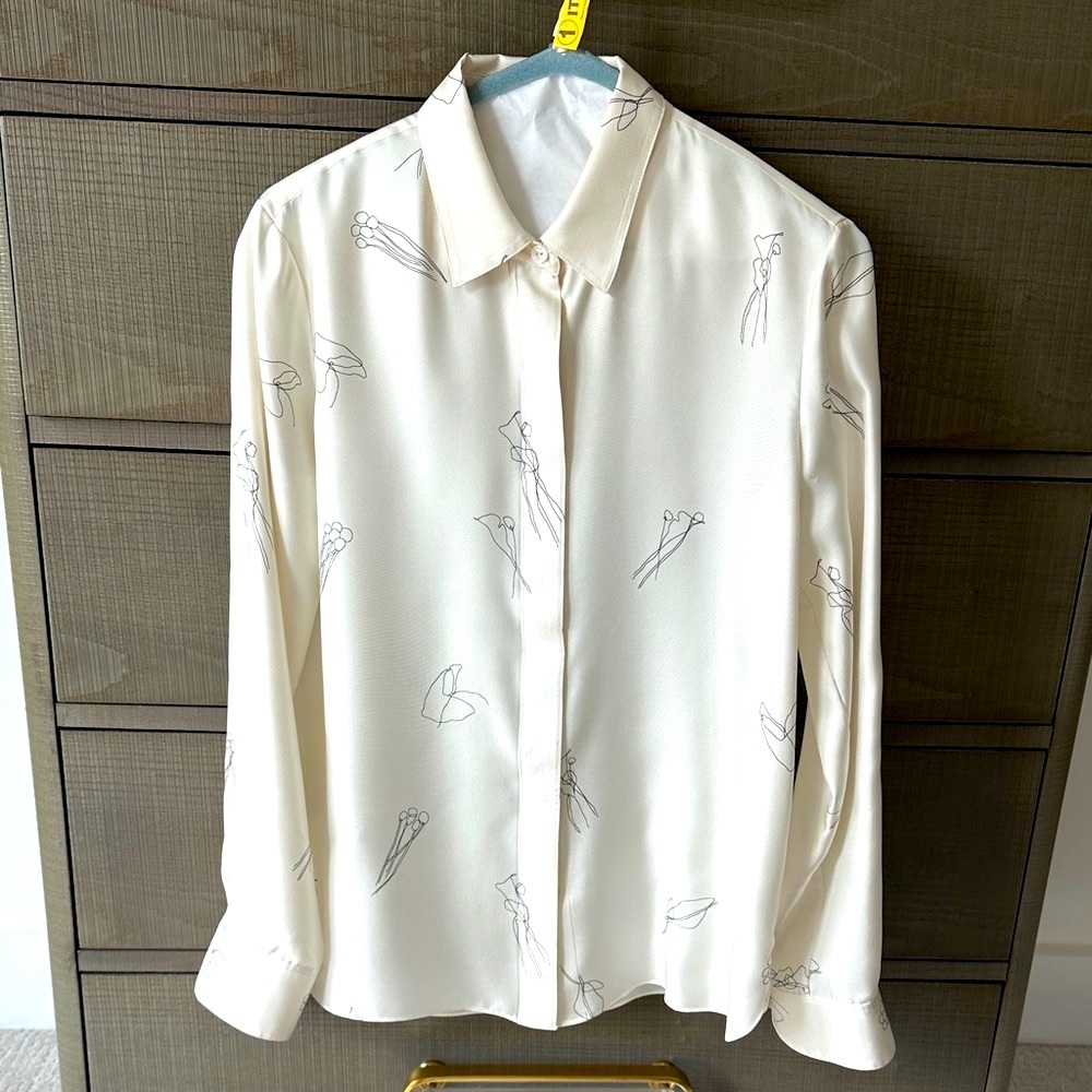 Theory Silk White Shirt with Abstract Print